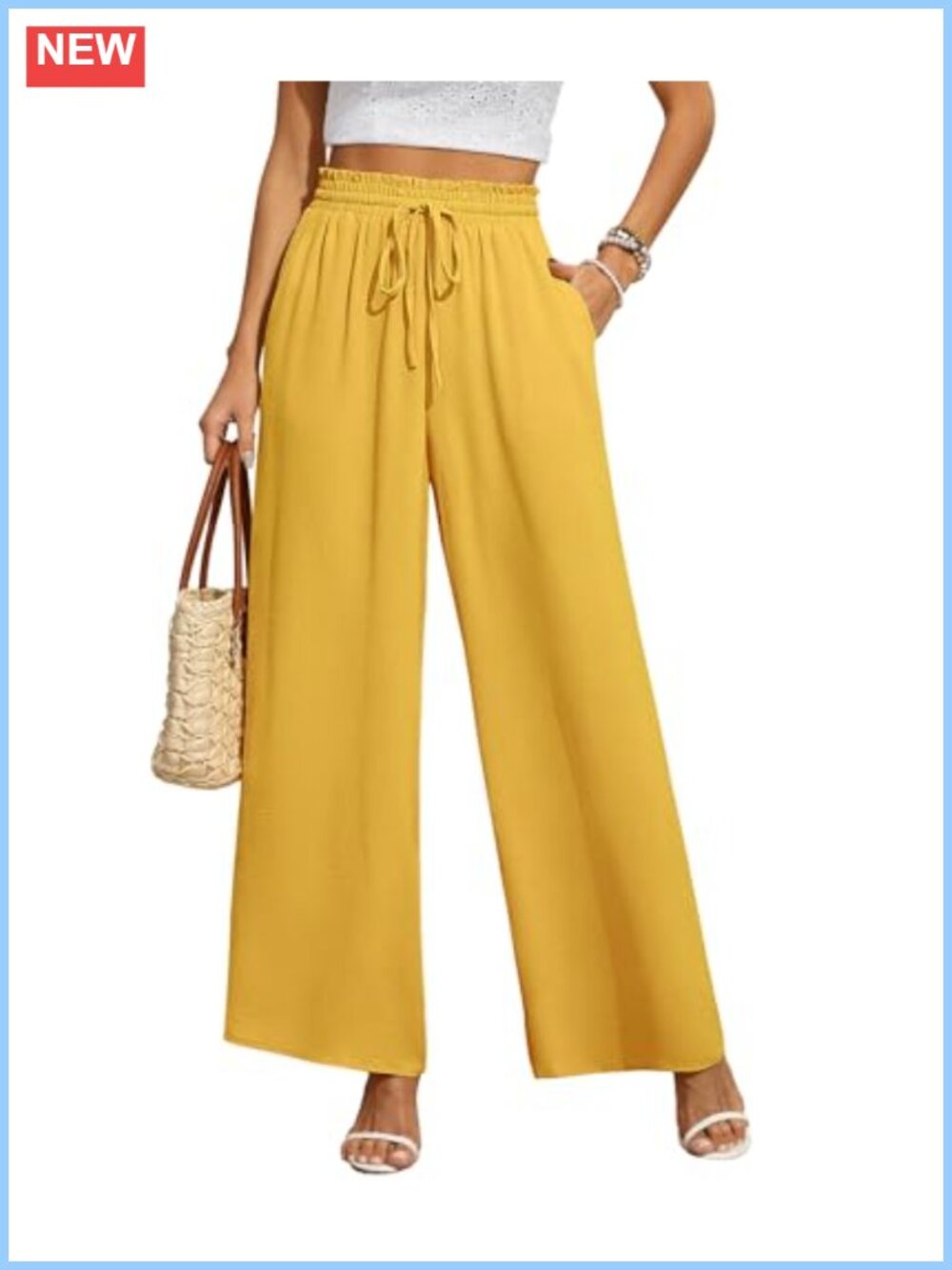 Women's Casual Wide Leg Pants Flowy Adjustable Tie Knot Elastic Waist Pants